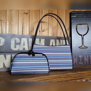 🪻🌻NWOT Springtime Periwinkle, Green, Black & Gray Striped Purse & Makeup Bag